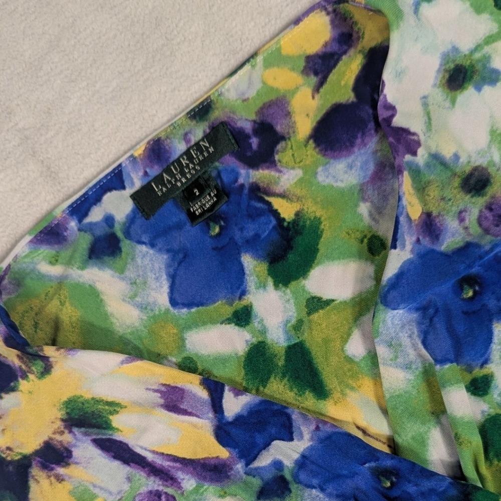 Lauren Ralph Lauren Floral Sheath Dress Blue Green Watercolor Ruched V-Neck 2‎
